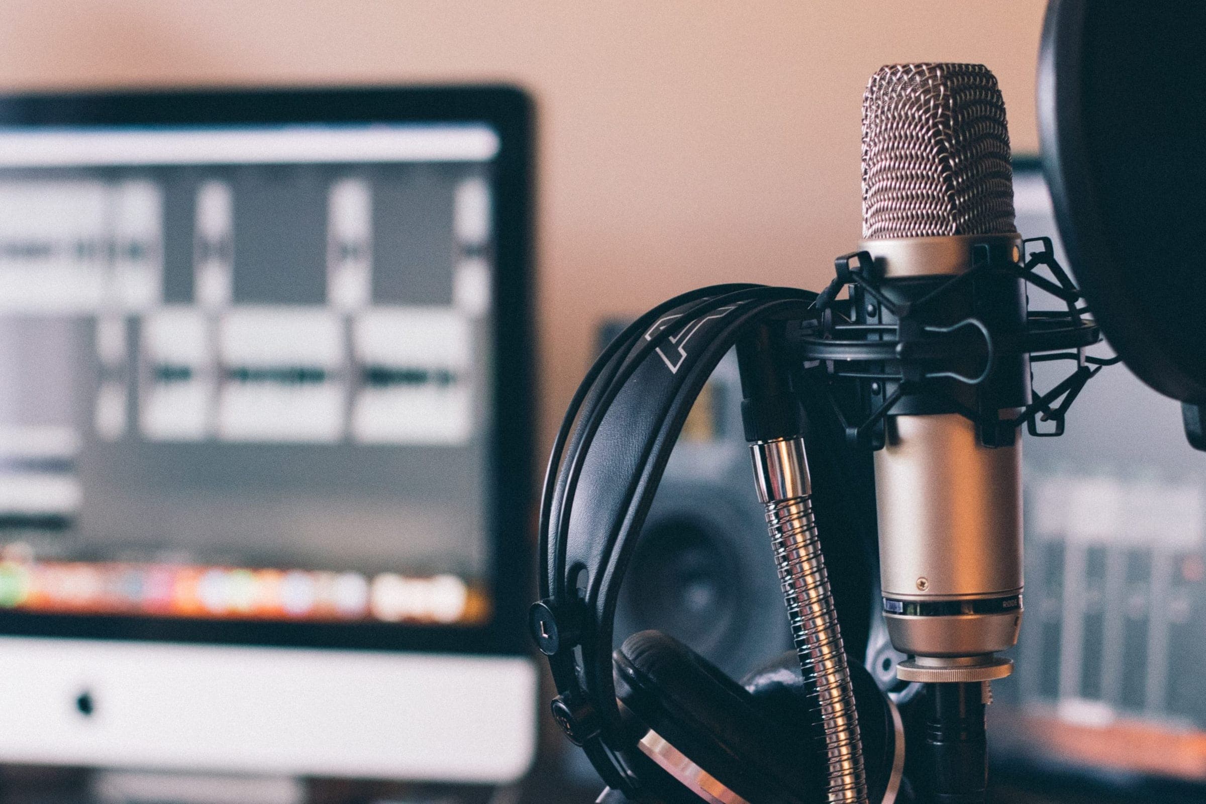 headphones and podcast microphone