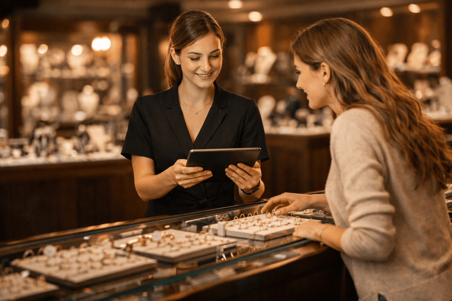 Jewelry store associate using a tablet to assist a customer.