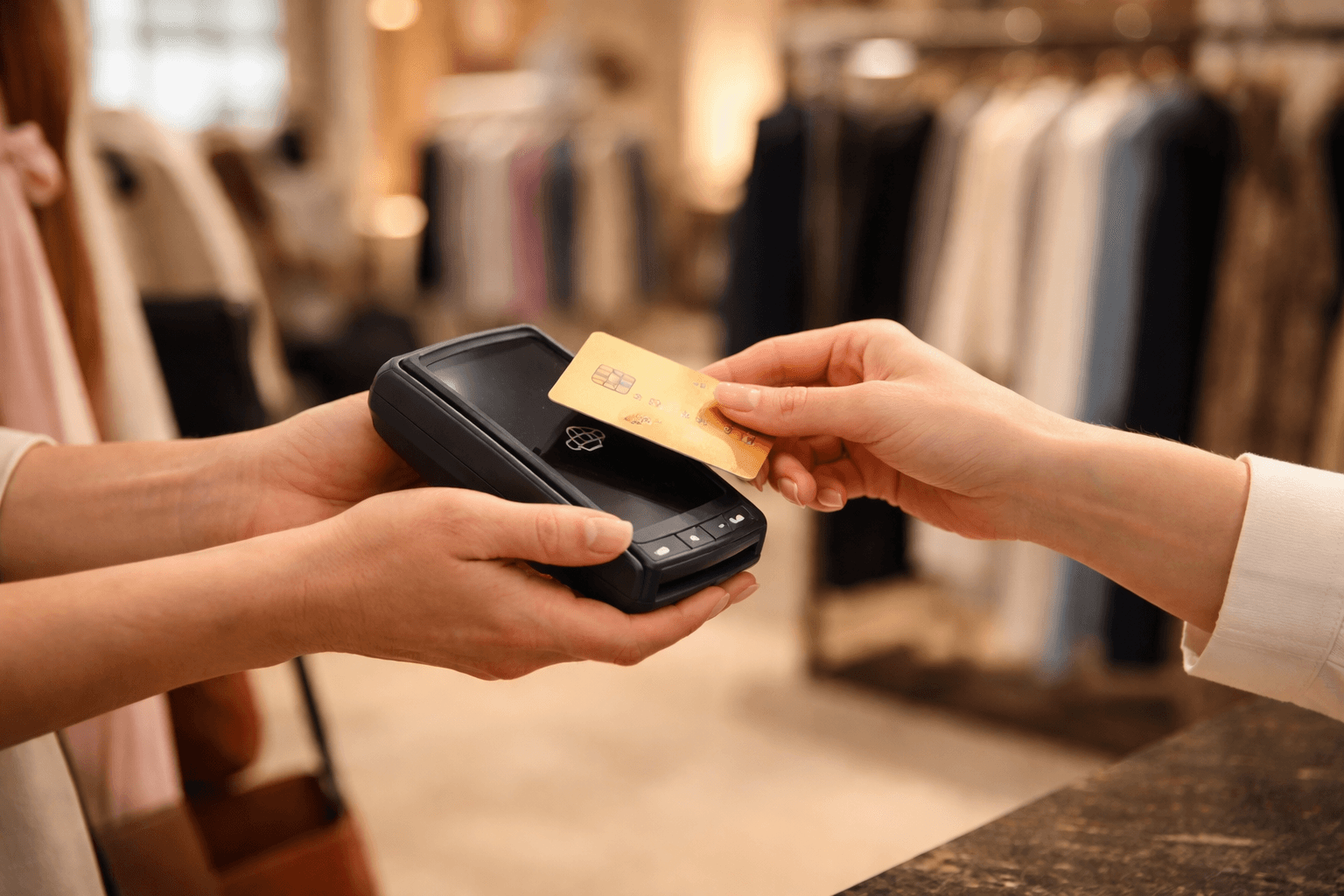 Embedded payments in retail — store associate processing a contactless payment on a mobile POS device in a premium fashion store.