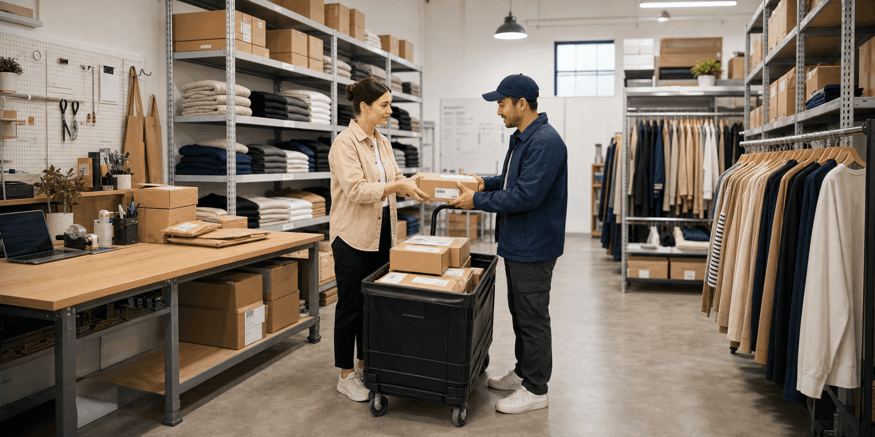 An associate picking and packing an online order in the back of the store