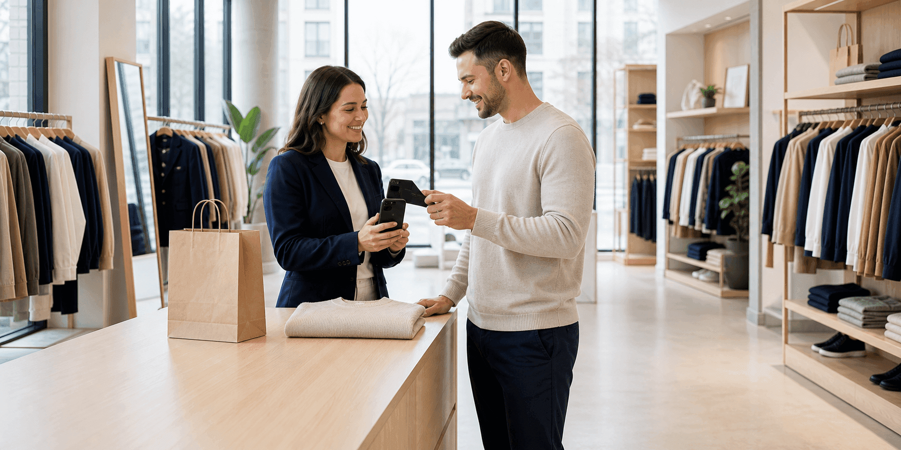 A customer tapping their card to pay on an associate's phone on the store floor